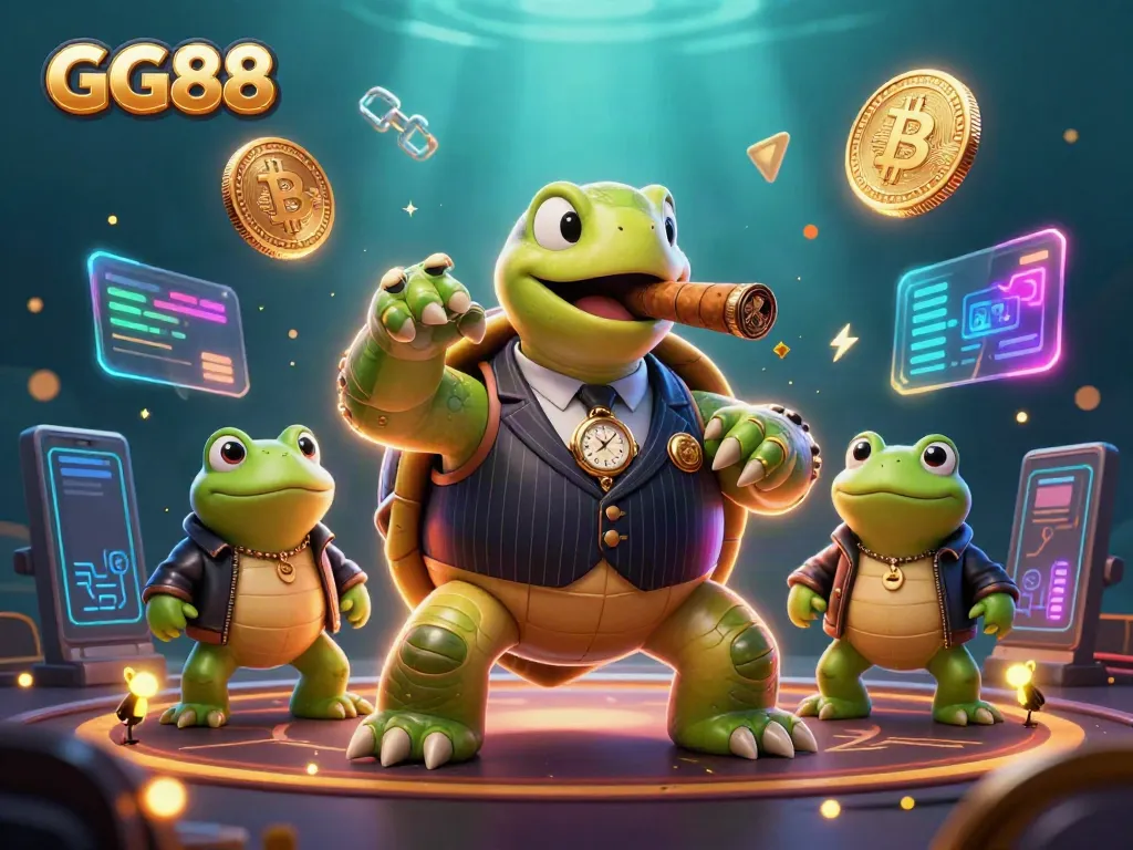 Engage with GG88's casino adventure featuring a stylish turtle and bullfrog enforcers surrounded by vibrant crypto elements.