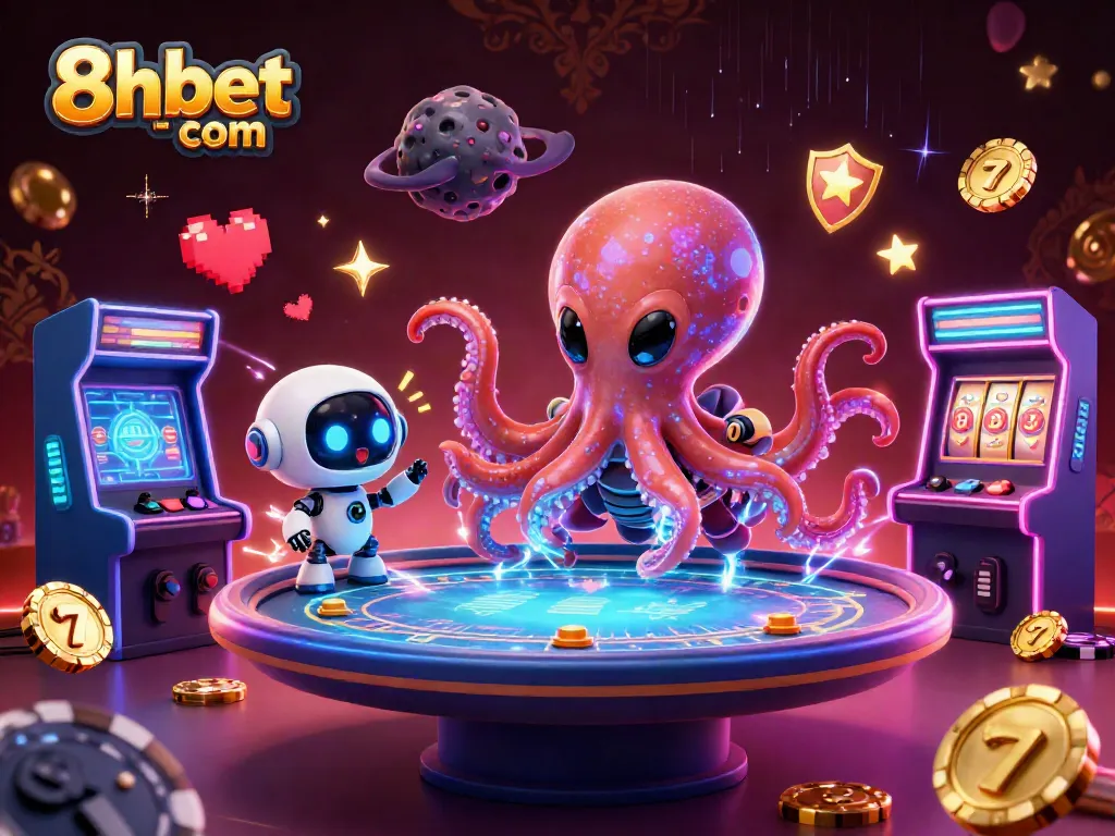 Engage with vibrant slots and games at 8xbet com, featuring an alien octopus at a holographic poker table.