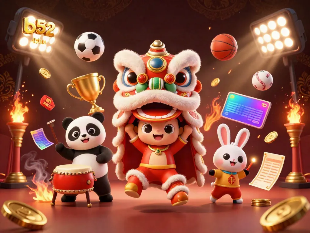 Experience the excitement of b52 club with a lively scene featuring a lion dance, drumming panda, and festive sports elements.