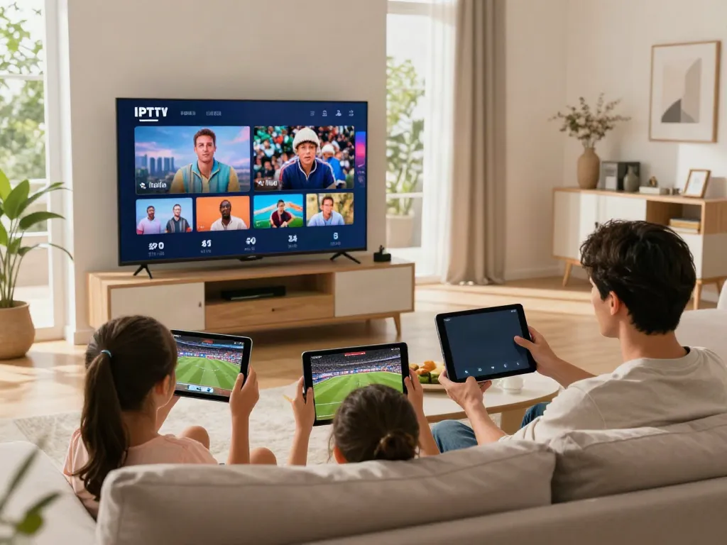 Family enjoying IPTV Italia streaming together in a cozy living room.