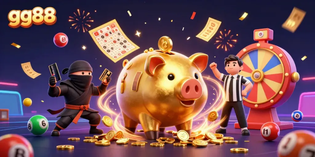 Engage with the vibrant world of gg88, showcasing a dynamic casino scene with energetic characters and lottery elements.