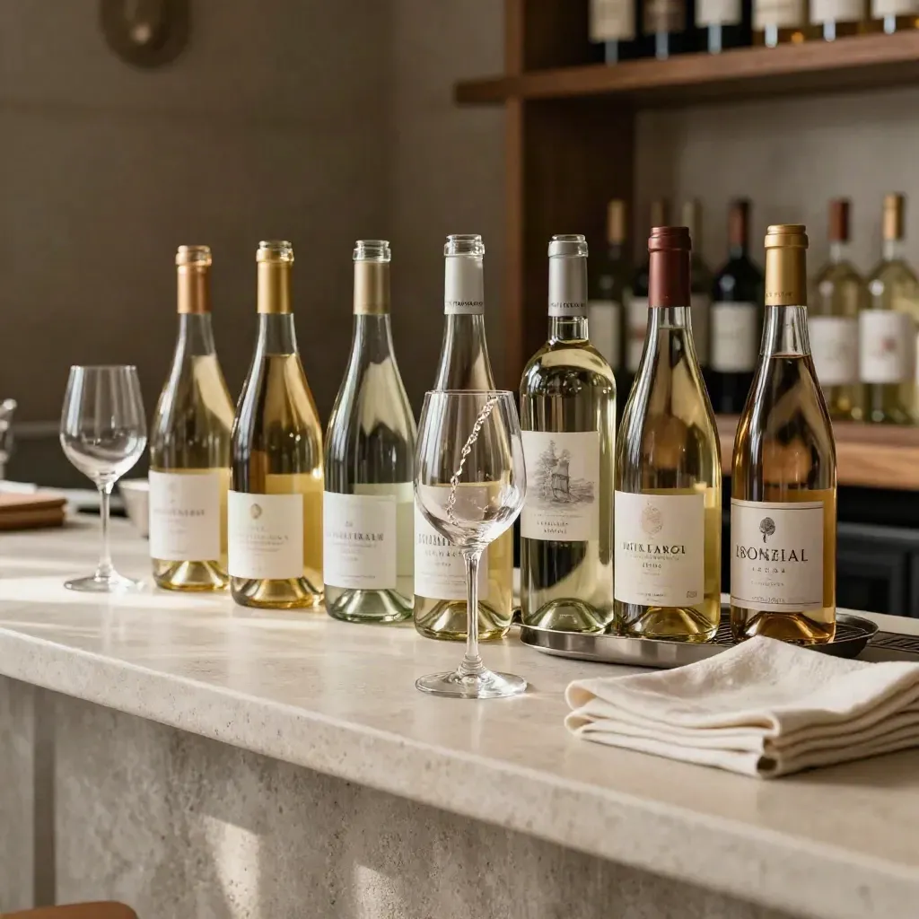 Fila di bottiglie di vino italiano con calici e versamento su banco elegante
