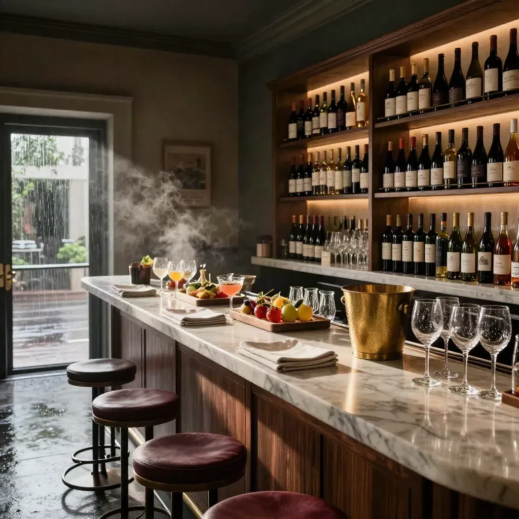 Interno di wine bar elegante con banco in marmo, bottiglie illuminate e calici dopo la pioggia.