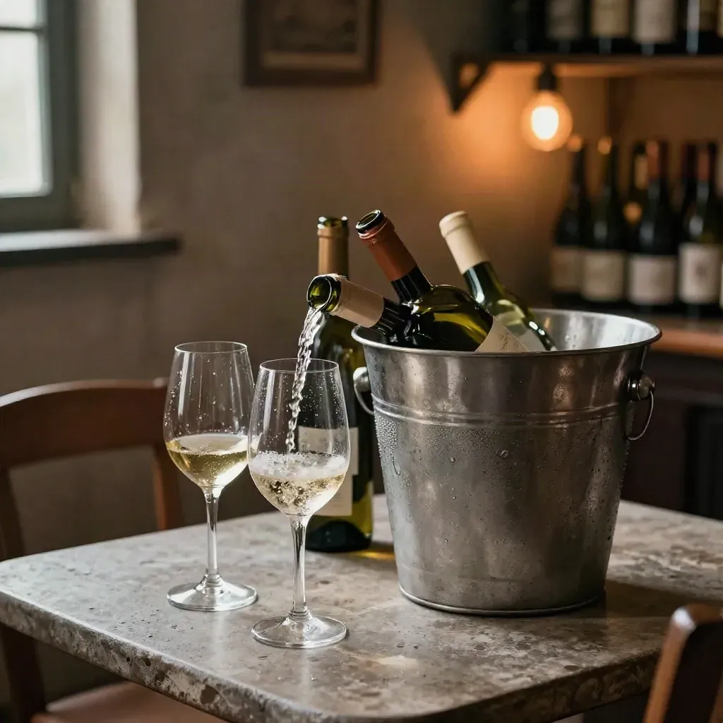 Due calici, due bottiglie aperte e secchiello sul tavolo di pietra, luce calda d’enoteca.