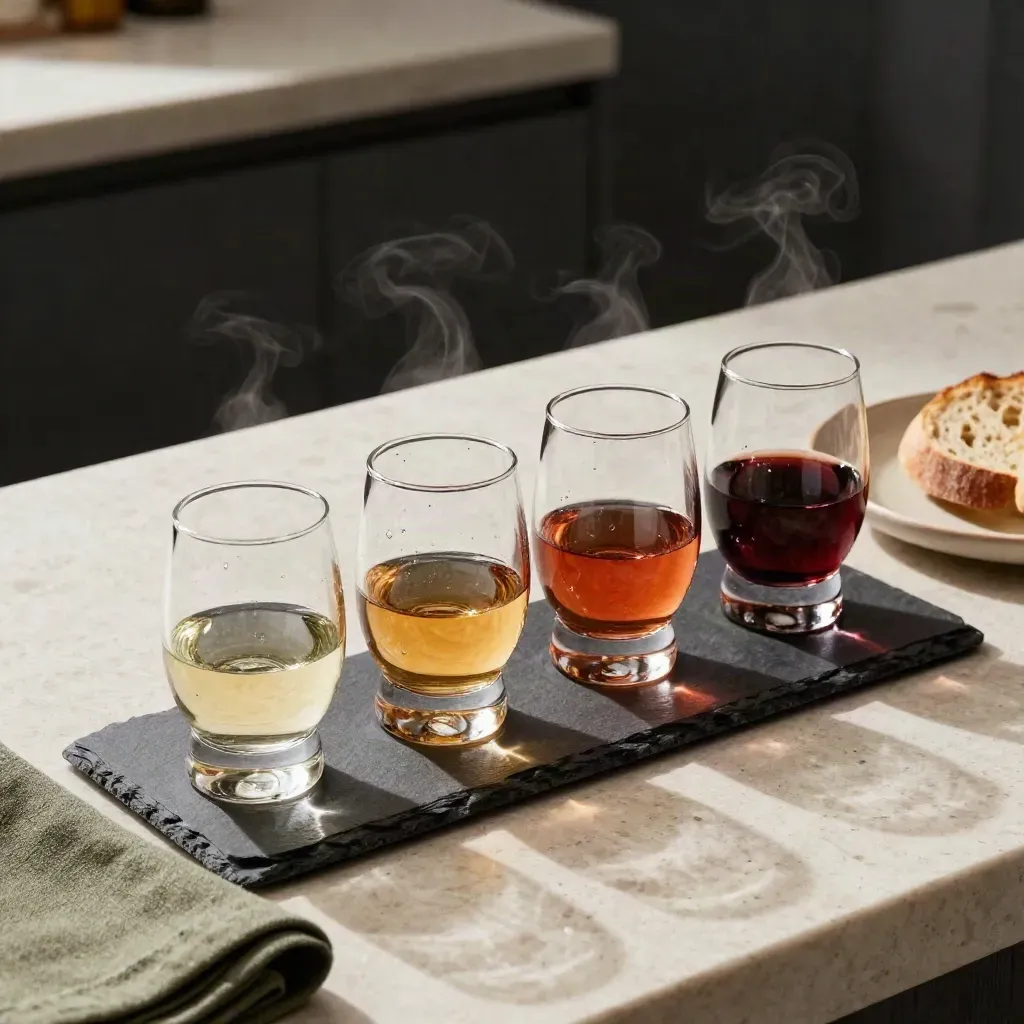 Quattro calici in degustazione accanto a pane e ardesia su banco di travertino.