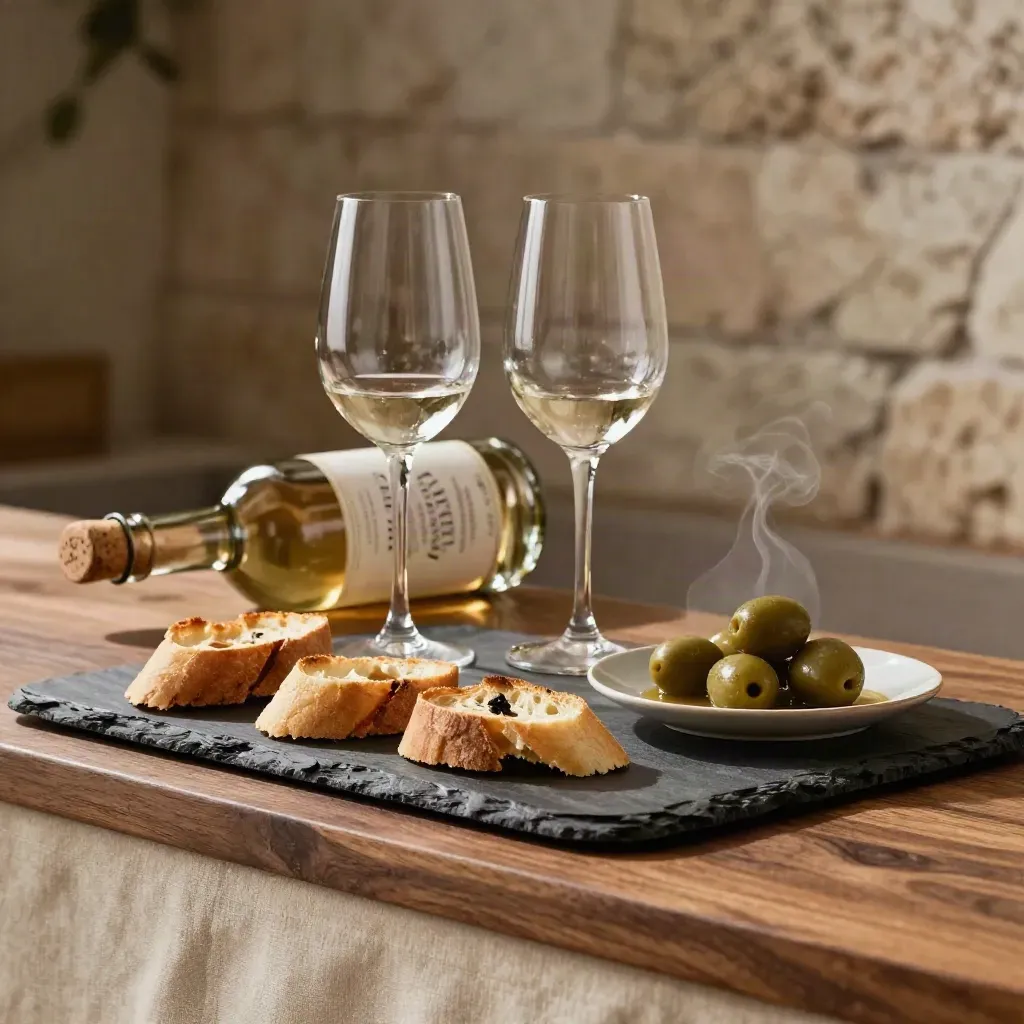 Aperitivo d’autore con bottiglia, due calici, olive e bite caldo fumante su vassoio scuro.