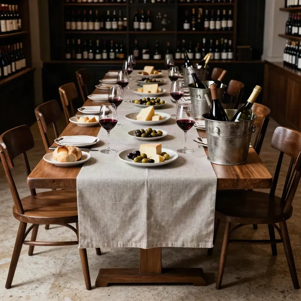 Tavolo aperitivo lungo e ordinato in enoteca, con calici, bottiglie e vassoi condivisi.