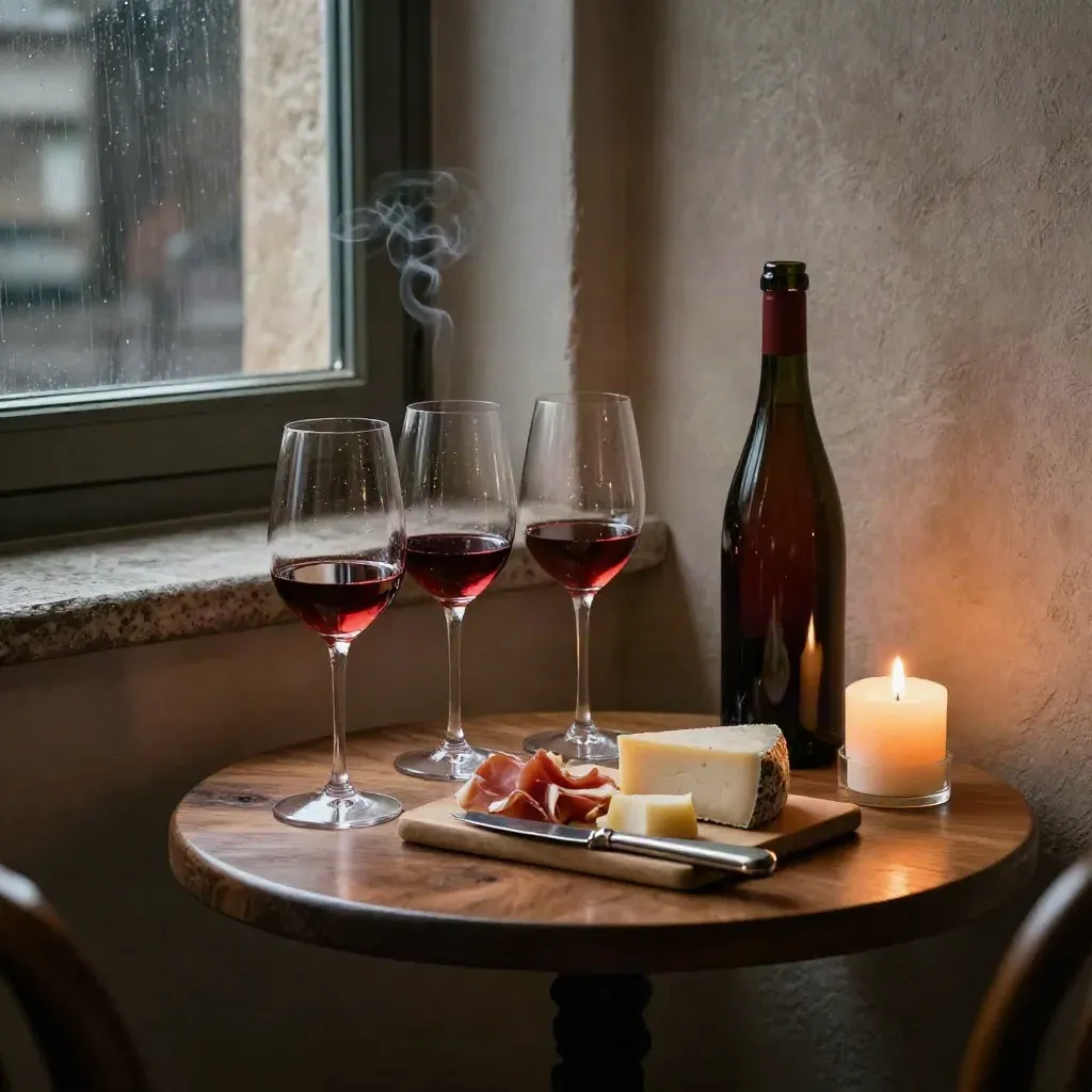 Tavolo da degustazione per due con vino, formaggi e candela in una nicchia calda.