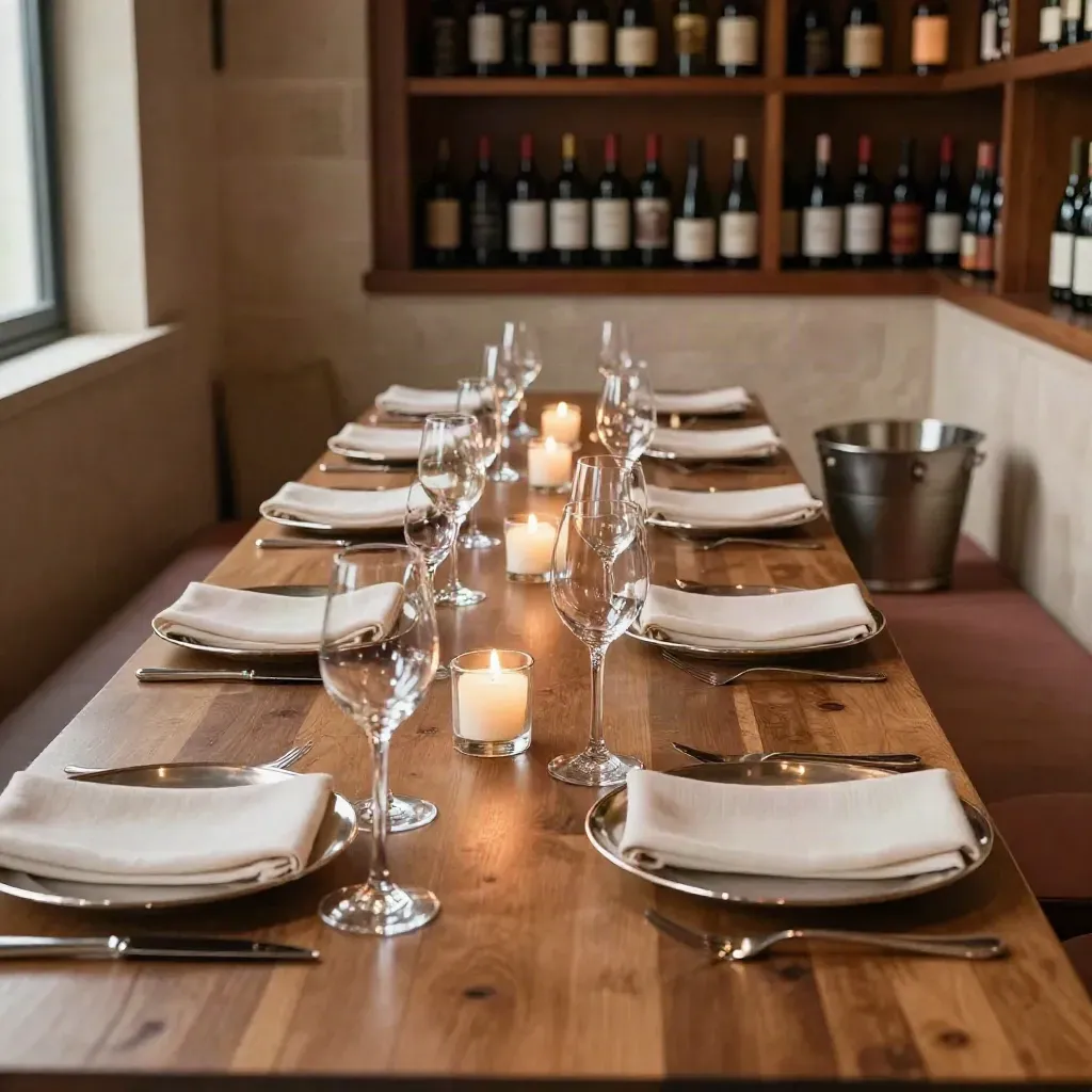 Tavolo per eventi privati in enoteca, con calici, candele e lino piegato.