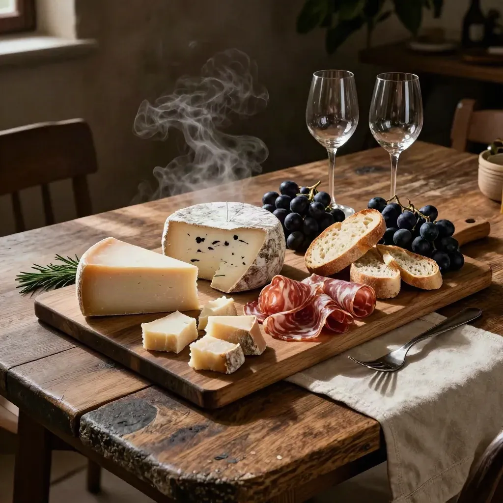 Tagliere di formaggi, salumi, pane e uva con due calici vuoti in luce calda