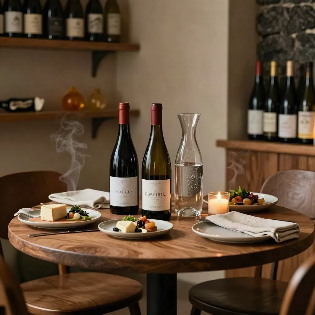 Tavolo rotondo in enoteca con due bottiglie, caraffa e piatti piccoli alla luce calda.