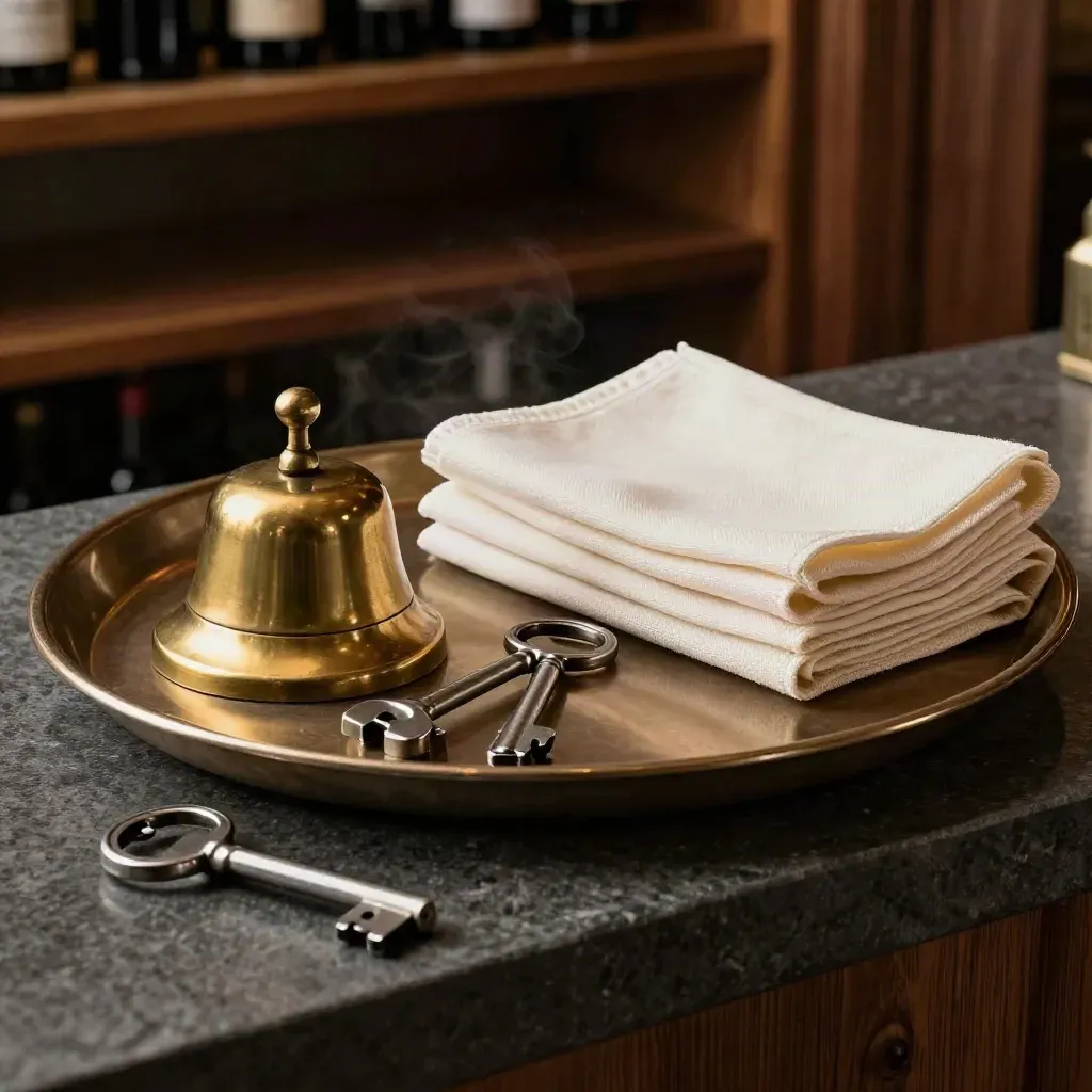 Vassoio, campanello in ottone, tovaglioli di lino e cavatappi in una mise en place elegante