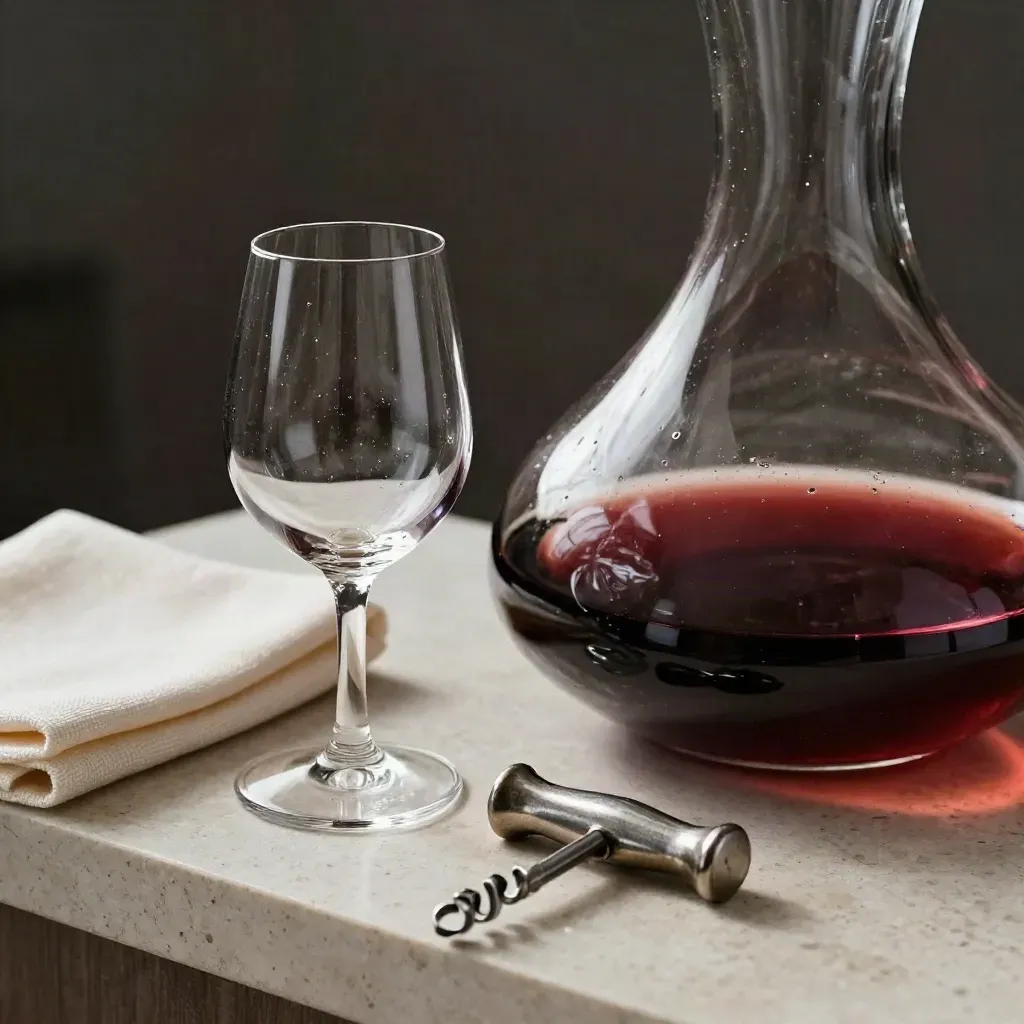 Decanter in cristallo, bicchiere da assaggio, cavatappi e panno su travertino.
