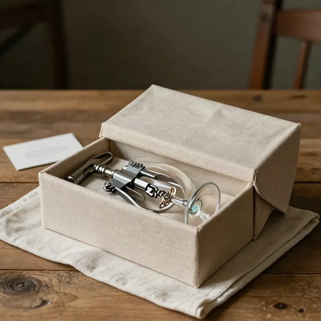 Set regalo per vino in lino, con cavatappi, calice e accessori su tavolo in legno.