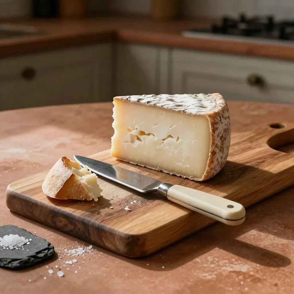 Tagliere con formaggio, coltello, pane e sale su tavola rustica, luce morbida.