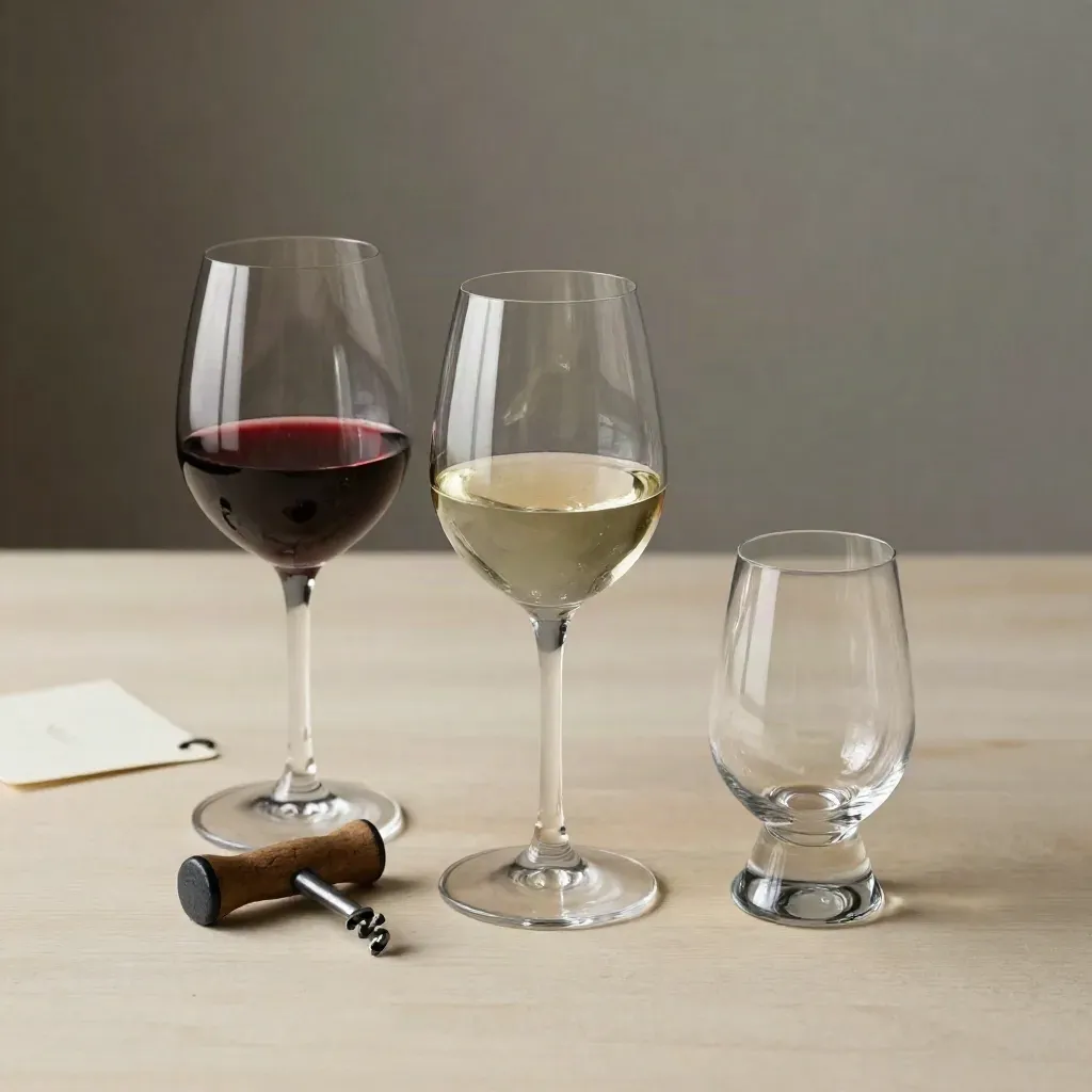 Tre calici su legno chiaro con cavatappi e cartoncino formato, stile enoteca elegante.