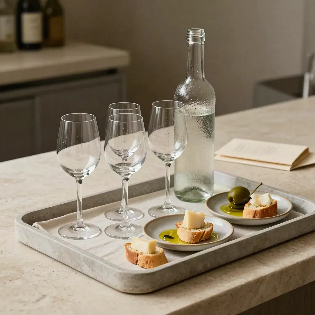 Vassoio degustazione con quattro calici, bottiglia aperta e due assaggi su ceramiche avorio.