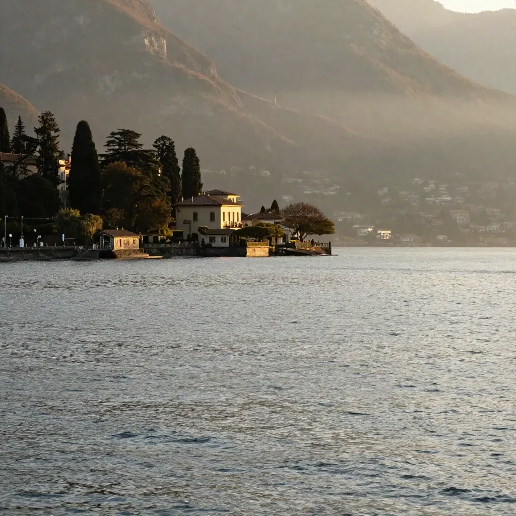 Lago di Como all’alba, acqua immobile, coste e montagne avvolte nella foschia dorata