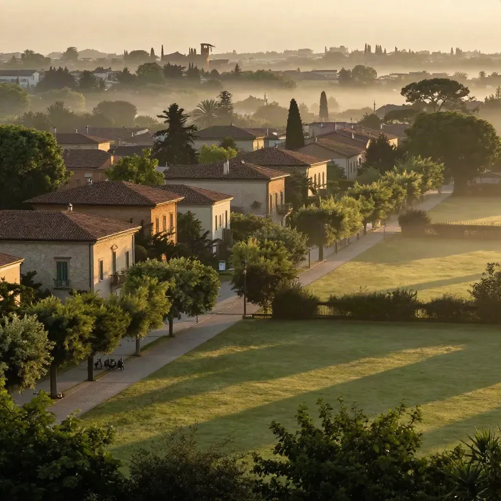 Veduta dorata di Monza e Brianza con ville, viali alberati e parco in lieve foschia.