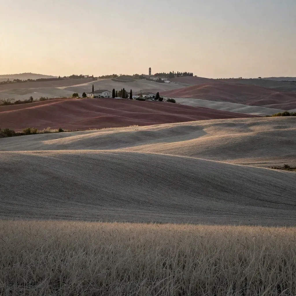 Pianura lombarda al tramonto con colline basse, cascine lontane e campanili nella foschia.