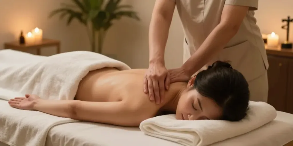 Therapist providing a calming 관악구출장안마 in a peaceful spa setting with essential oils and ambient lighting.