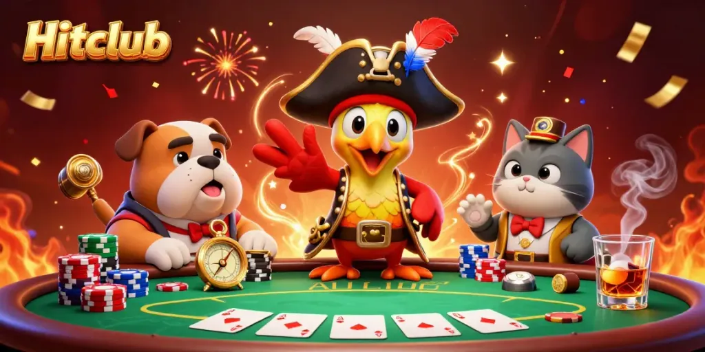 Hitclub pirates celebrate a high-stakes poker game with vibrant colors and dynamic energy.