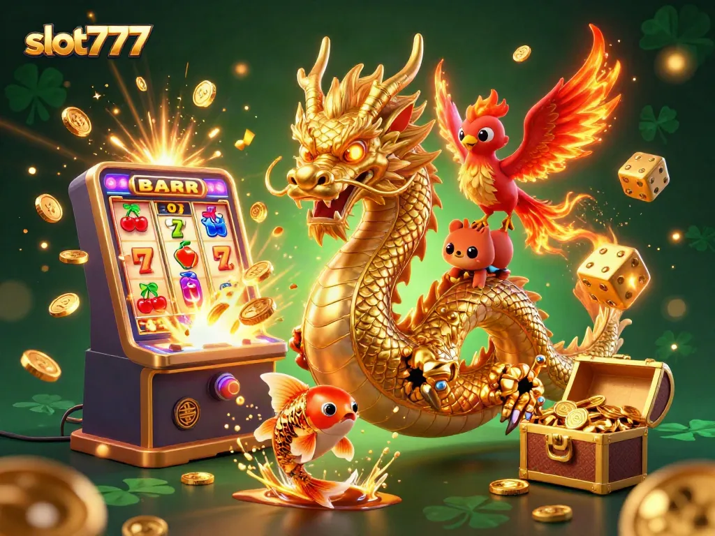 Experience thrilling gameplay with slot777 and dynamic 3D elements showcasing a dragon, phoenix, and koi fish.