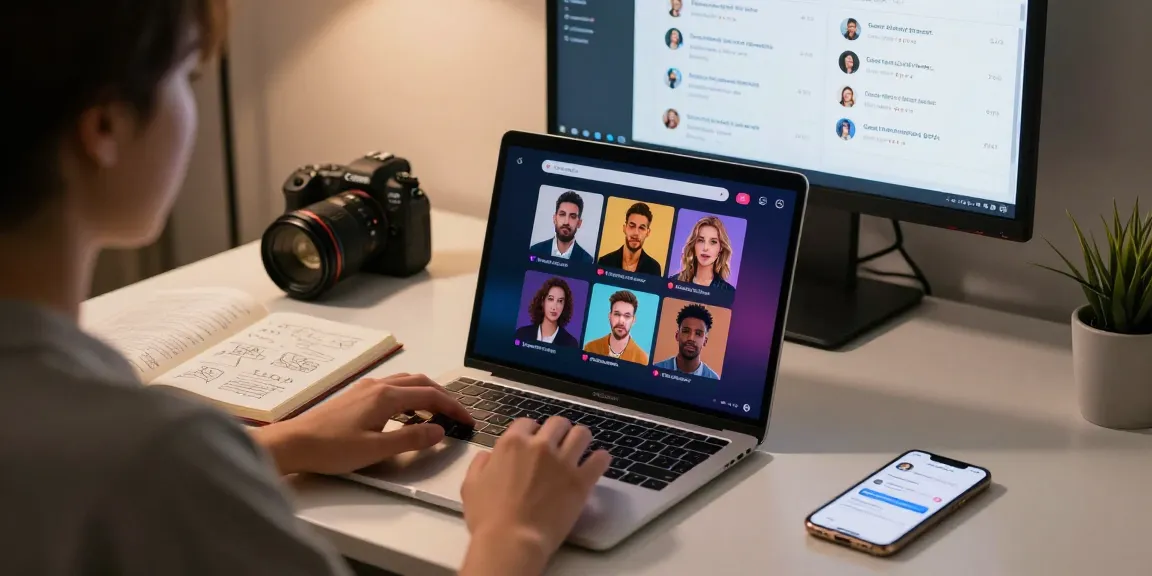 Engaging AI sex chat session with diverse avatars in a modern workspace