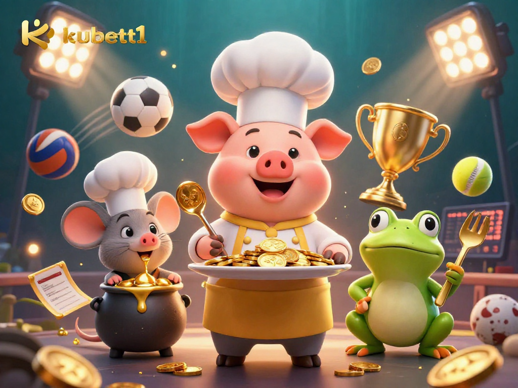 Experience the excitement of kubett1 with a 3D illustration of a chef pig serving gold coins, sports balls in action.