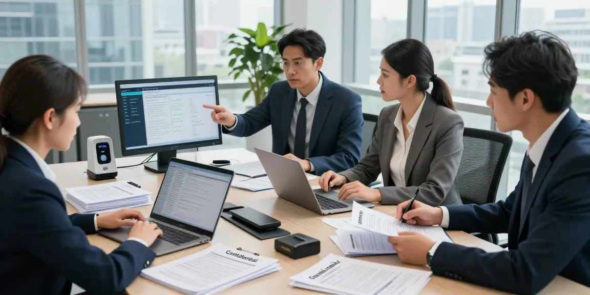 Document fraud detection team analyzing confidential records in modern office setting.