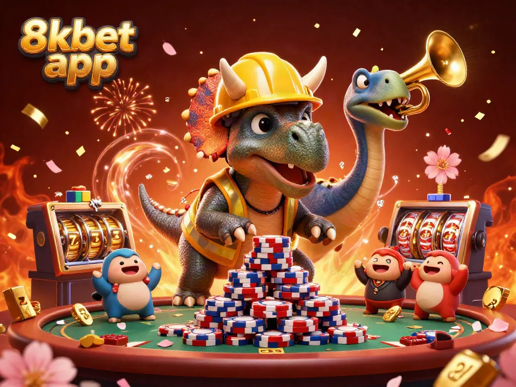 Experience the excitement of the 8xbet app with vibrant casino-themed 3D illustration celebrating poker.