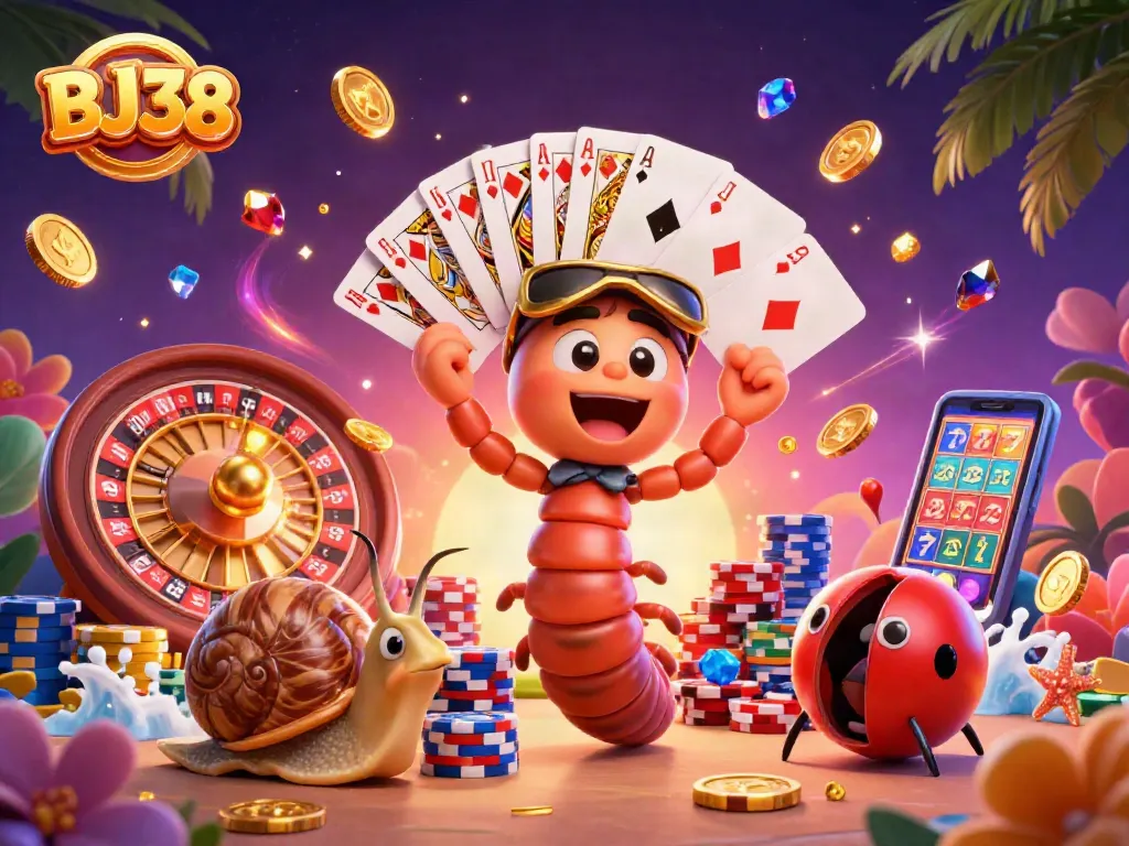 BJ38 engages players with a vibrant casino scene featuring a millipede dealer and colorful game elements.